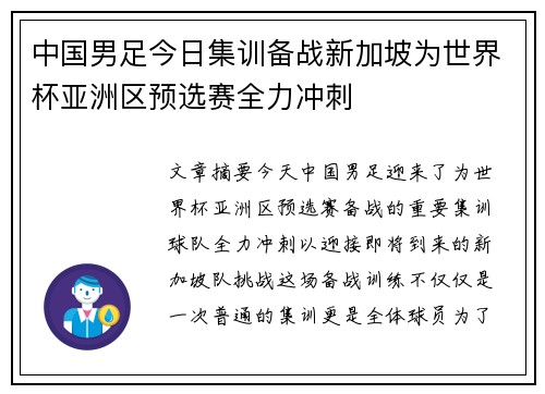 中国男足今日集训备战新加坡为世界杯亚洲区预选赛全力冲刺