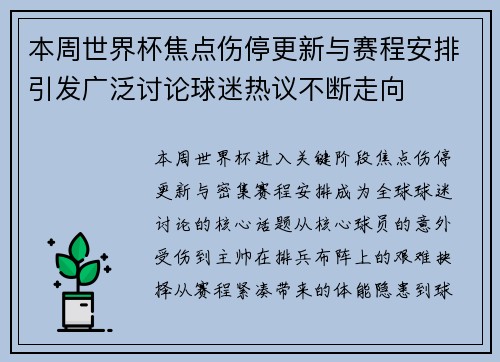本周世界杯焦点伤停更新与赛程安排引发广泛讨论球迷热议不断走向 本周世界杯焦点伤停更新与赛程安排引发广泛讨论球迷热议不断走向
